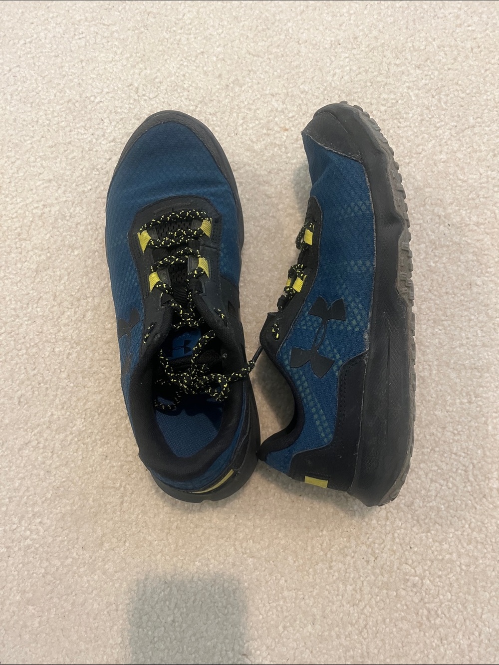 Under Armour Kids Blue and Black Lace-Up Sneakers with Yellow Accents